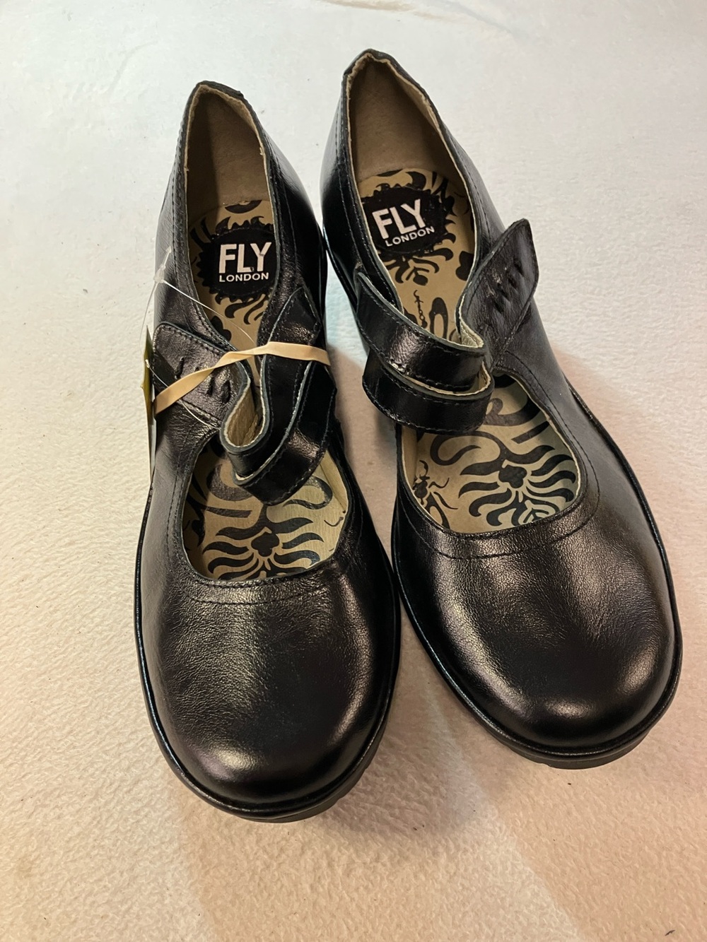 Fly London Black Leather Mary Jane Flats with Strap